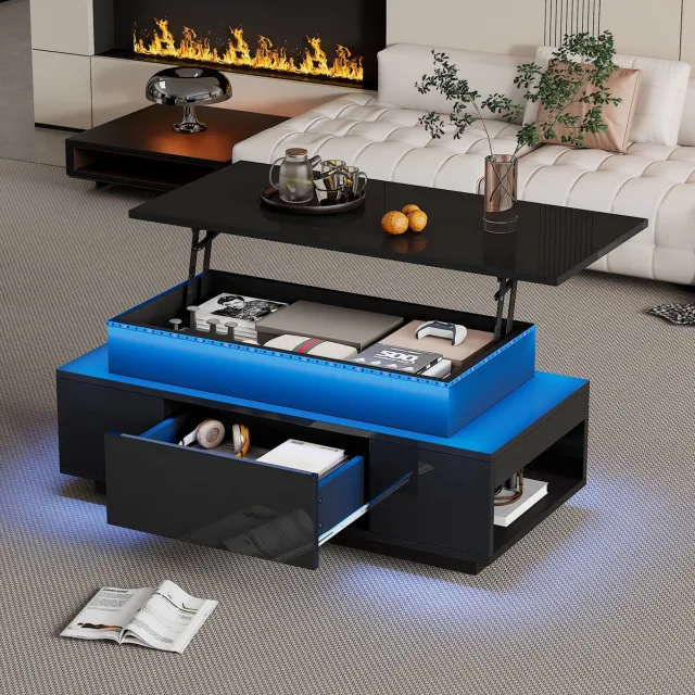 MEUNIQ Salontafel 96 x 45 x 40 cm met hydraulisch hefblad, LED-verlichting, verborgen opbergruimte, lade en open vakken voor woonkamer, zwart hoogglans