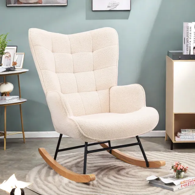 ROSAHQNDA Schommelstoel van zachte pluche stof met armleuningen en rugleuning, casual gestoffeerde stoel, modern modemeubel voor woonkamer, slaapkamer Beige