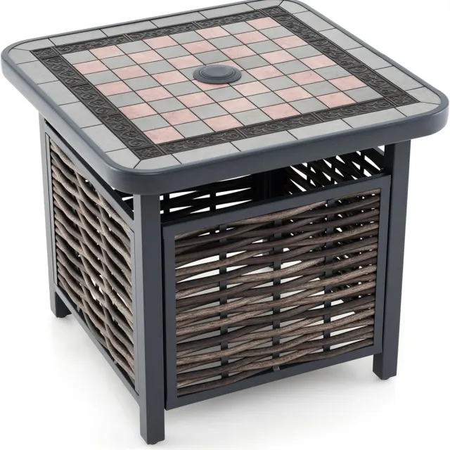 KOMFOTTEU Tuintafel van PE-rotan, bijzettafel met paraplugat en schaakbordpatroon, salontafel, bistrotafel, weerbestendig, vierkante terrastafel voor tuin, binnenplaats, terras, 55 x 55 x 50 cm Bruin.