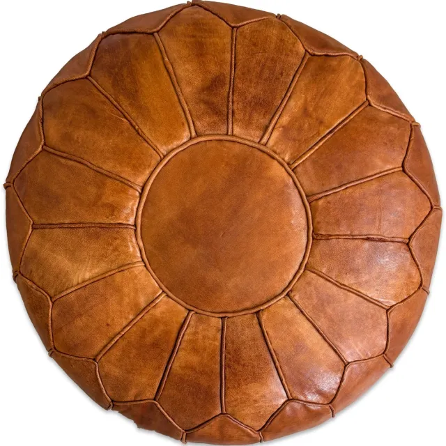 Poufs&Pillows Poef Rond (XL) - Cognac Brown - Poef Leer - Handgemaakt - Ø60 x 35cm - Gevuld geleverd