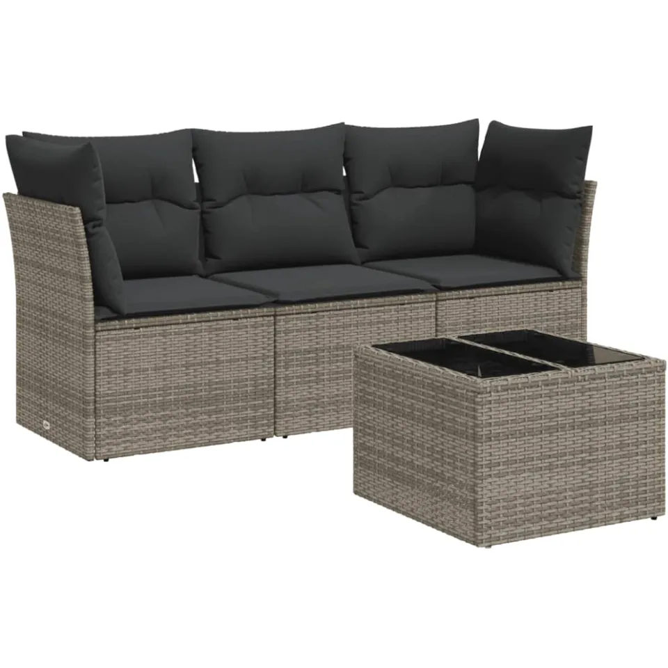 vidaXL 4-delige Loungeset met kussens poly rattan grijs, foto 4