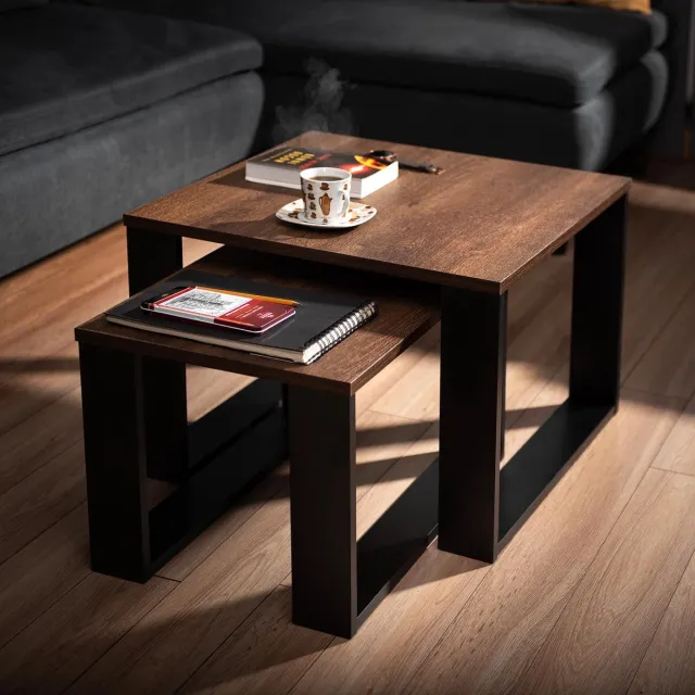 My Ninki ® Moderne Industriële Salontafel Set van Twee met Houten Blad en Zwart Frame voor Woonkamer bruin