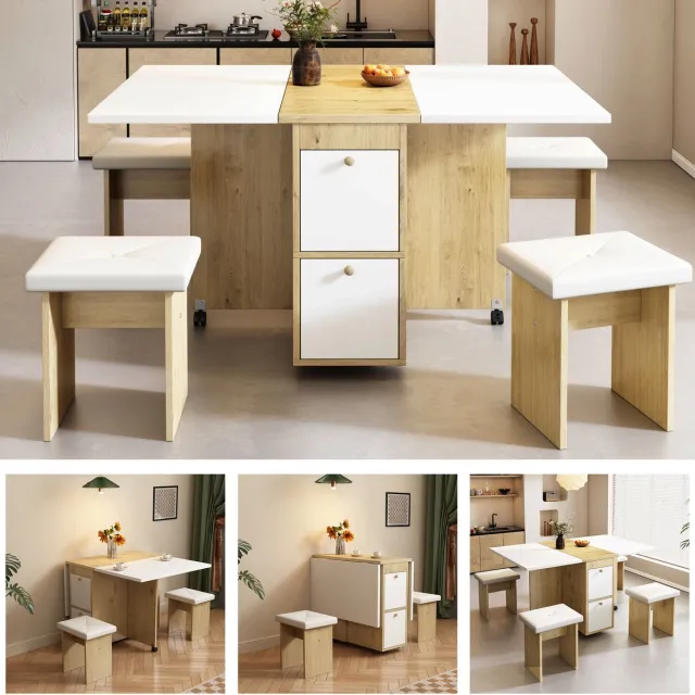 Zubaliya Eettafel Set 5 Delig - Uitklapbare Eettafel 120x80 cm Met 4 Eetkamerstoelen - Wit Eiken