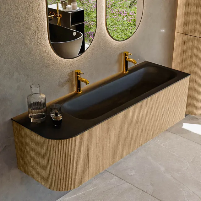 Mondiaz KURVE 145 cm Onderkast Greeploos 1 Lade Met Deuren Oak, Wastafel Solid Surface Rechts Urban 0 Kraangaten Zonder Spiegel (KRVBGL145L1L1D0KR-Oak/Urb)