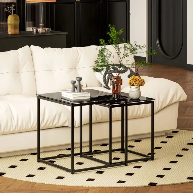 MODFU Zwart Stalen Koffietafel Set van 2 - Vierkante Salontafels met Glasplaat voor Woonkamer