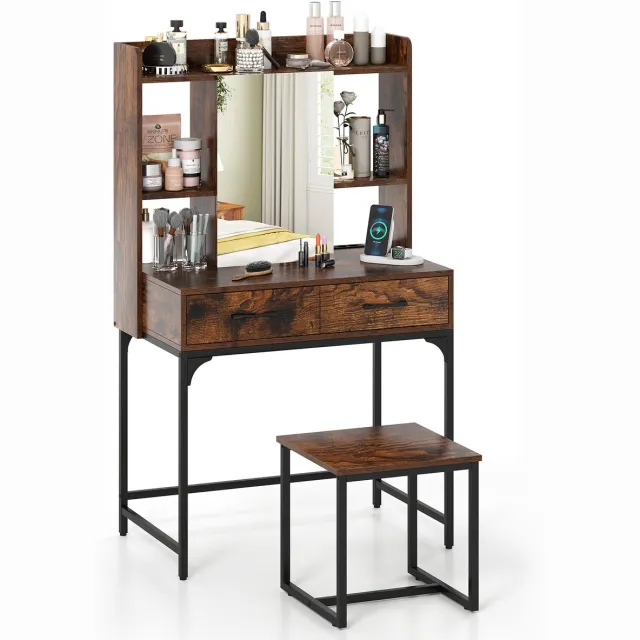 Costway Make-uptafelset met kruk en spiegel, make-uptafel met laadstation, laden, open planken en spiegelkast voor slaapkamer, modern bureau (bruin)