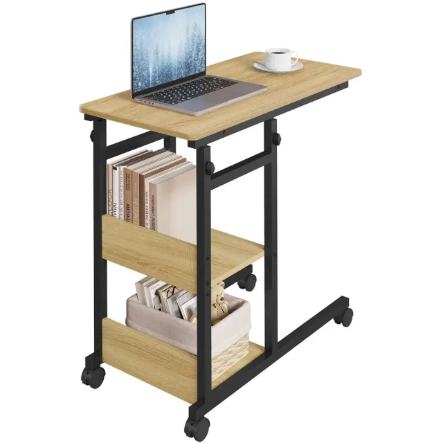 Klarven Bijzettafel Bank Lichteiken - Bijzettafel - Bijzettafel - Bijzettafel - Hoogteverstelbaar 76-96 cm, Schuift onder Bank of Bed - 4 Wielen met Rem - 3 Opbergplanken
