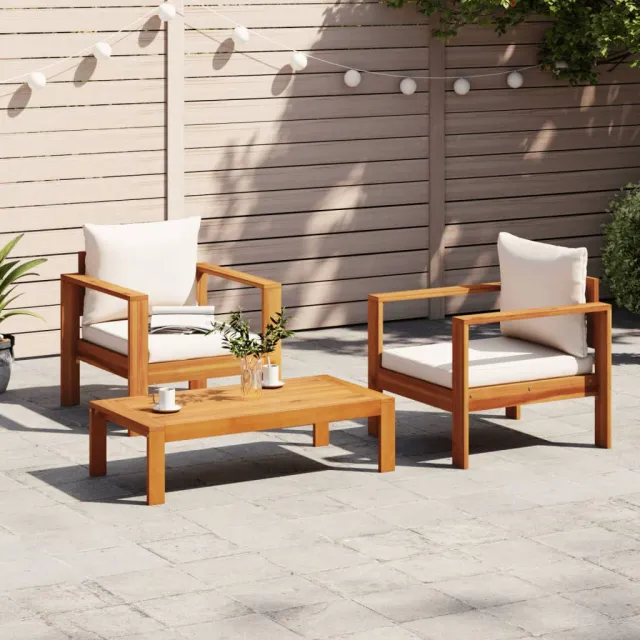 vidaXL 3-delige Loungeset met kussens massief acaciahout Crème