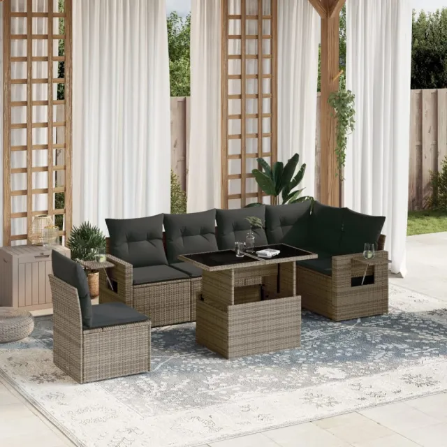 vidaXL 7-delige Loungeset met kussens poly rattan grijs, foto 2