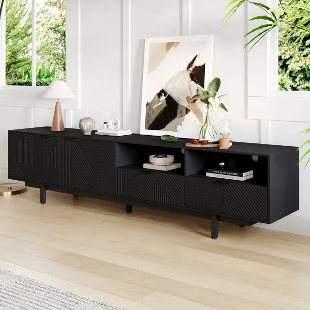 Wishdor Tv-Meubel - Geometrisch Lijnpatroon - Kastdeuren En Open Vakken - Met Kabeldoorvoer - Spaanplaat - Zwart - 200 X 40 X 51 Cm