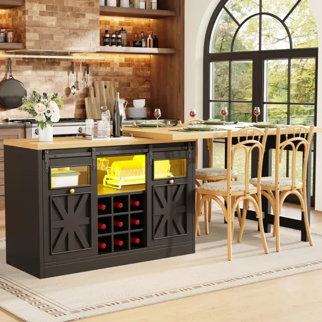 MODENUIT Eettafel – Uitschuifbaar en 360° Draaibaar – 120-197 x 40 x 72 cm – MDF en Glas – Zwart – Keukeneiland