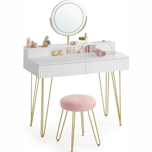 Klarven Kaptafel Wit - Kaptafel met Spiegel en Verlichting - Kaptafel met Spiegel - Kaptafel Kruk - Dressing Table - Draaibare Spiegel, Stopcontacten en USB - Draagvermogen 100 kg Wit, goud