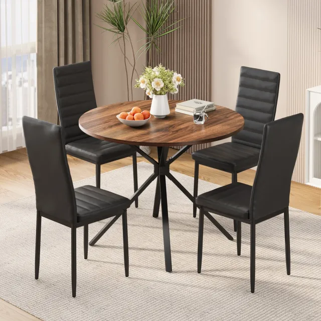 Bealife TB64 Eettafel en Stoelen voor 4 Personen - Moderne Eetkamer Stoelen Set met PU Leer - Huis Meubilair - Ronde Tafel - Bruin Bruin- 4 Persons