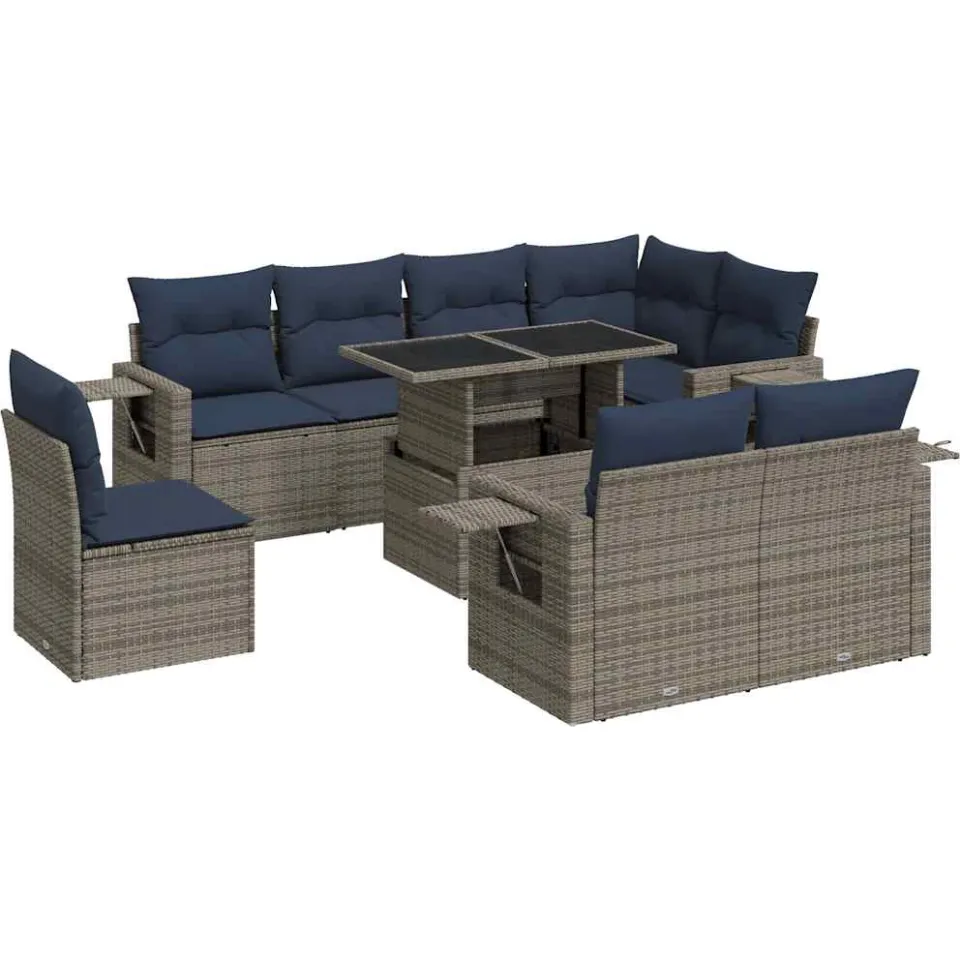 vidaXL 9-delige Loungeset met kussens poly rattan grijs, foto 3