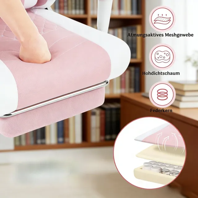 OKWISH Bureaustoel - Ergonomisch Draaibaar Met Massage Lendensteun - Voor Werkplek En Spel - Meshstof - Roze Wit