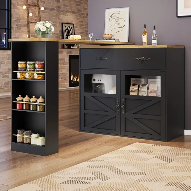 WUVRIE Uitschuifbare bartafel 138-204 x 39 x 104 cm - 360° draaibaar, opbergruimte - Zwart