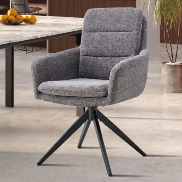 Rousseau Draaibare Eetkamerstoel Lisold grijs – Zachte Stoffen Bekleding – Armleuningen – Zwart Metalen Onderstel – Per Stuk Donkergrijs