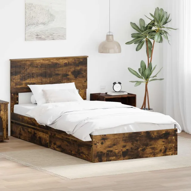 vidaXL Opslag bed met lade Gerookt eiken 100 x 200 cm Bewerkt hout Bruin