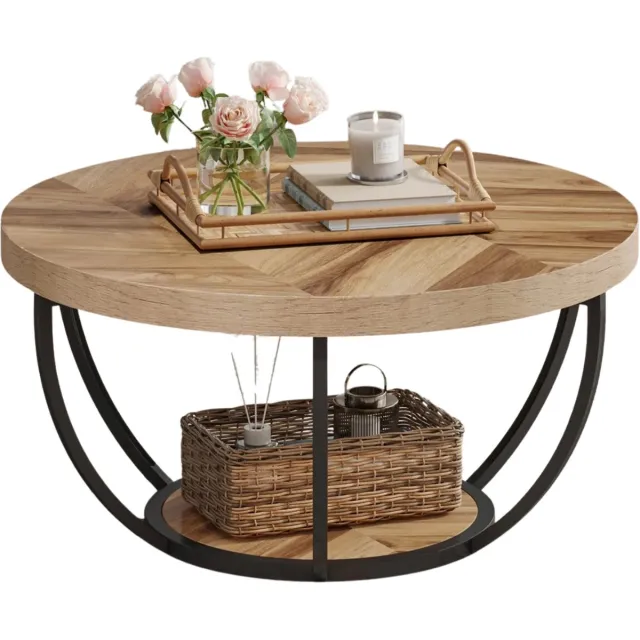 NaevaMi Salontafel Rond - Industrieel Hout En Metaal - Industriële Ronde Salontafel - bijzettafel - Met Extra Opbergruimte - 2 Lagen - 80x80x44 cm - Moderne Woonkamer Tafel Design - Bruin