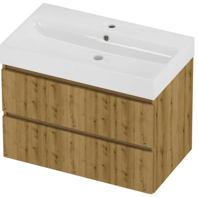 Proline Podium Badmeubelset Polystone Loft 1 Kraangat Symmetrisch 80x46x62 cm Glans Wit Urban Oak Eiken