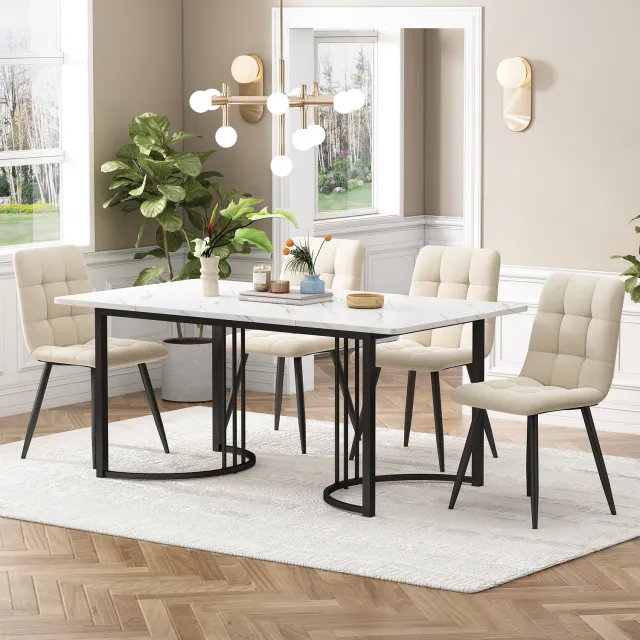 intebiki eetkamerset set van 5 - 140x80cm eettafel met 4 stoelen - Wit MDF - zwarte metalen poten - 44x41x86cm Beige fluwelen eetkamerstoel