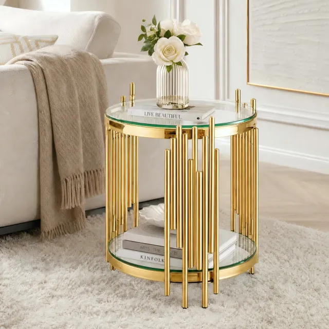 MEUNIQ ronde glazen bijzettafel 45 x 45 x 55 cm met twee niveaus, transparant gehard glas en goudkleurig roestvrijstalen onderstel voor woonkamer of slaapkamer