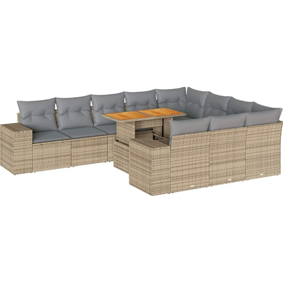 vidaXL 10-delige Loungeset met kussens poly rattan acacia beige, foto 3