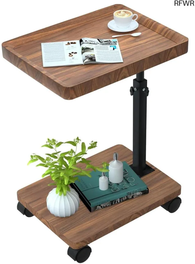 RFWR Verstelbare C-vormige Bijzettafel met Wieltjes - Houten Salontafel 360° Draaibaar Nussbaum