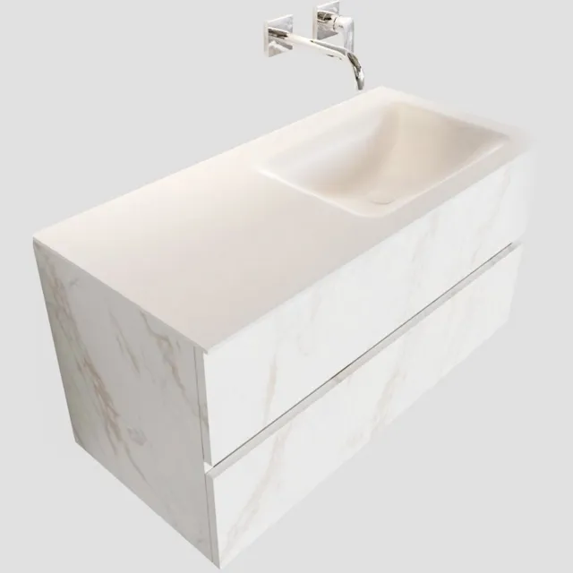 Boss & Wessing Badkamermeubel BWS Valencia Carrara Mat 100 cm Solid Surface Wastafel Rechts (0 kraangaten, 2 lades)