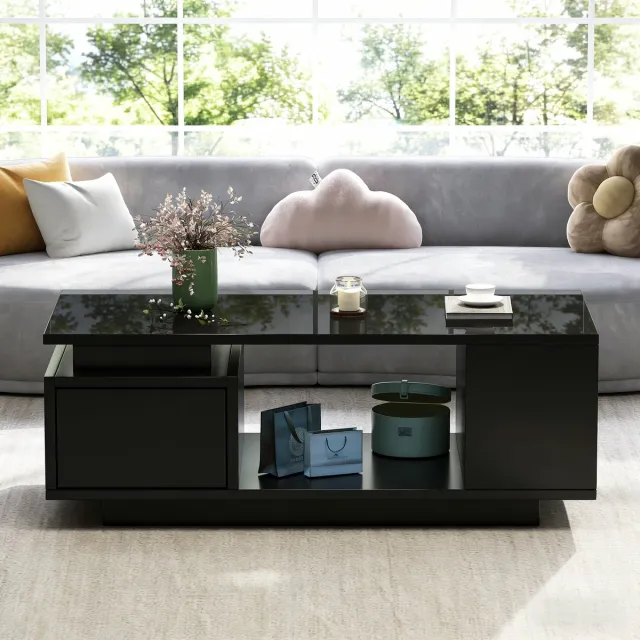 MODFU Salontafel - Met Lade En Open Vakken - Minimalistisch - Voor Woonkamer - Spaanplaat - Zwart - 100 x 50 x 36 cm