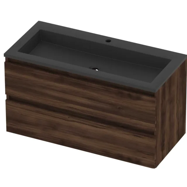 Basic-Line Aura 46 Badmeubelset Acryl 1 Kraangat Greeploos 100x46x54 cm Barist Oak Mat Zwart