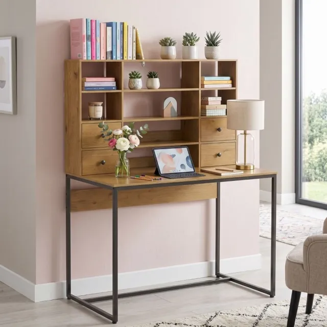 STILVORA Bureau Met 4 Lades En Verstelbare Planken - Ruim Werkblad Voor Thuiswerkplek - Spaanplaat En Metaal - Naturel Hout - 105x60x142 Cm Natuurlijk hout