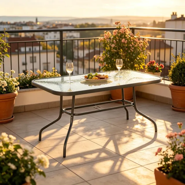 MEUNIQ Rechthoekige tuintafel 120 x 80 x 70 cm – glazen eettafel voor 8 personen met parasolgat en metalen onderstel – grijs