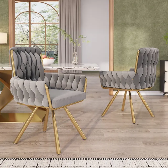 Welltin Fluwelen eetkamerstoel - Set Van 2 - Stoel, Eettafelstoel, Stoelenset, Fauteuil, Draaistoel, Relaxstoel met 4 metalen steunpoten - Grijs