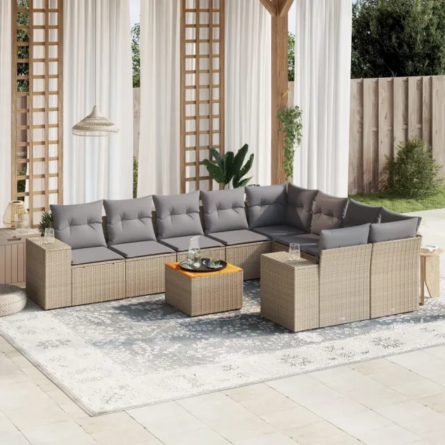 vidaXL 10-delige Loungeset met kussens poly rattan beige, foto 2