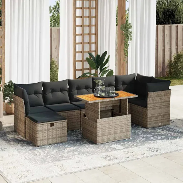 vidaXL 8-delige Loungeset met kussens poly rattan acacia grijs, foto 2