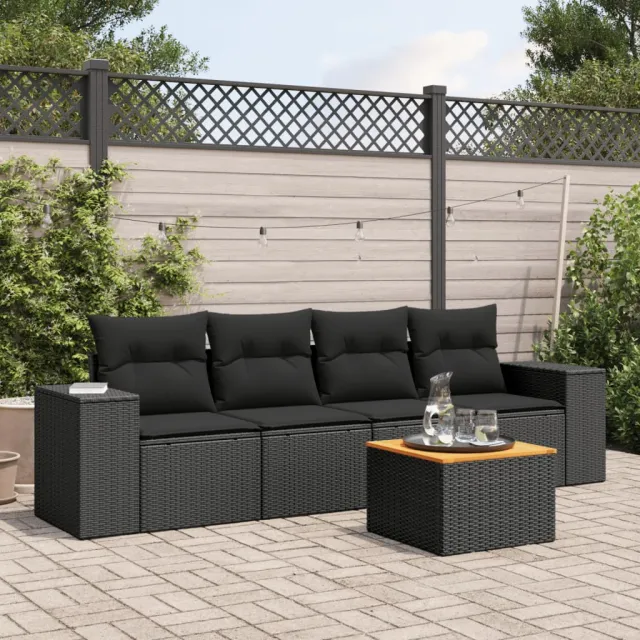 vidaXL 5-delige Loungeset met kussens poly rattan zwart, foto 2