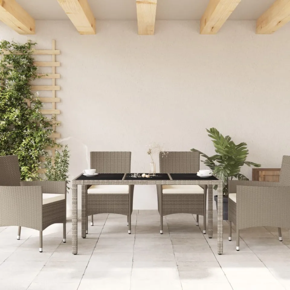 vidaXL Tuintafel met glazen blad 150x90x75 cm poly rattan lichtgrijs grijs, foto 3