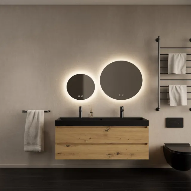 Gliss Design Badkamermeubelset Gliss Design Milan Met Lako Mat Zwarte Wastafel 120 cm Artisan Oak Eiken