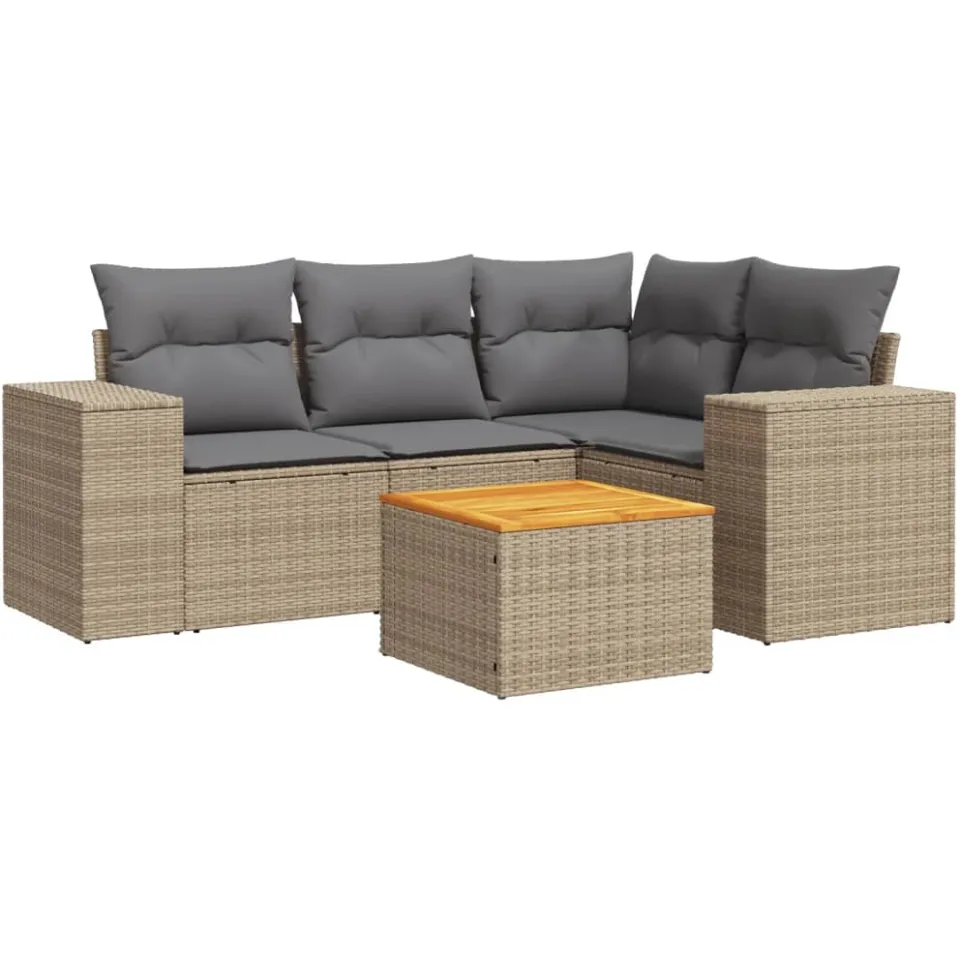 vidaXL 5-delige Loungeset met kussens poly rattan beige, foto 3