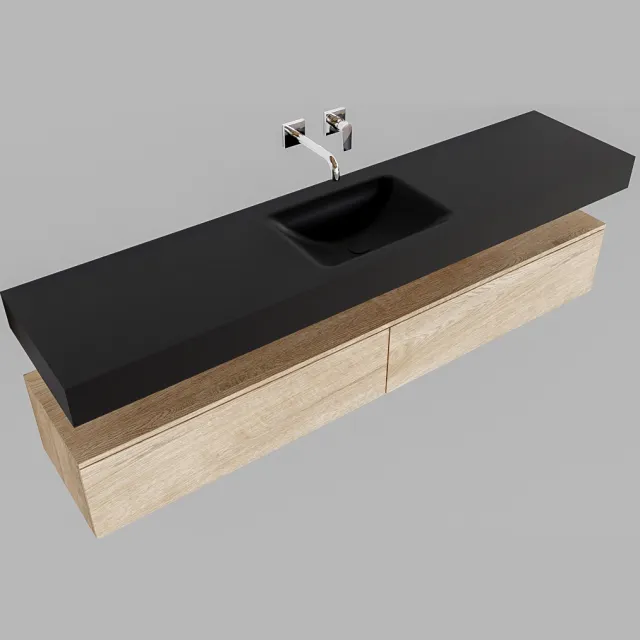 Boss & Wessing Badkamermeubel BWS Ibiza 200 cm Washed Oak Twee Soft-Close Lades Solid Surface Wastafel Mat Zwart (acht varianten)