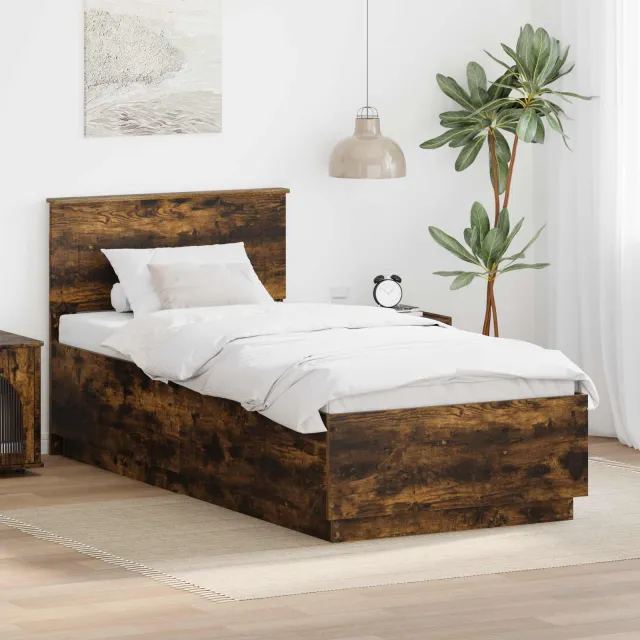 vidaXL Bedframe met hoofdeinde Gerookt eiken 90 x 200 cm Bewerkt hout Bruin