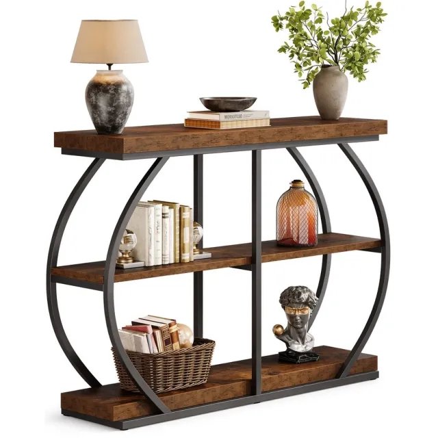 Mura Logistiek Mura Bijzettafel - Sidetable - Wandtafel - Haltafel - Gangtafel - Meubel - 3 Opbergplanken - 105cm Breed - Hout/Metaal - Bruin