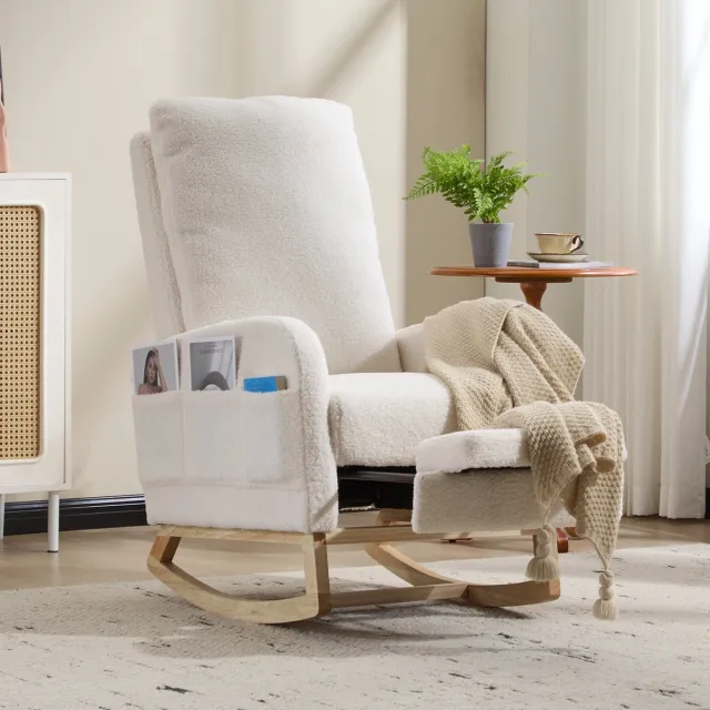 Vankel Fauteuil - Comfortabele Relaxstoel en Schommelstoel met 3 Standen Verstelbare Rugleuning, Uitschuifbare Voetensteun en Zachte Teddybekleding WIT-Met voetsteun