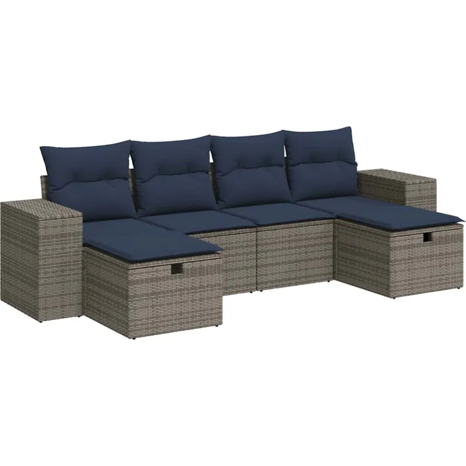 vidaXL 6-delige Loungeset met kussens poly rattan grijs, foto 3