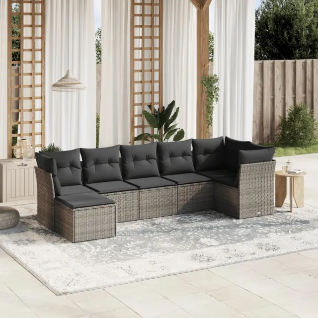 vidaXL 7-delige Loungeset met kussens poly rattan grijs, foto 2