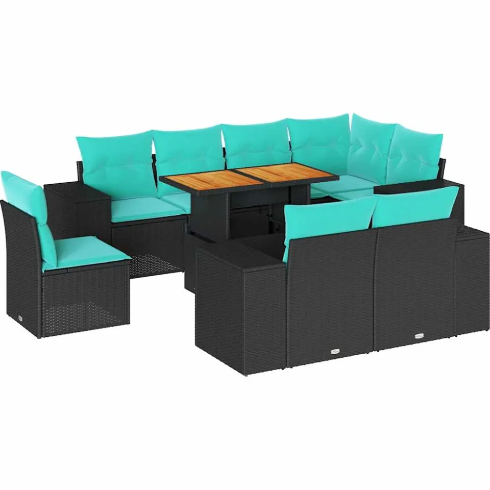 vidaXL 9-delige Loungeset met kussens poly rattan zwart, foto 3