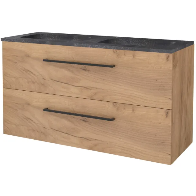 Boss & Wessing Badmeubelset BWS Salt 120x46cm Met Grepen 2 Lades Met Wastafel Hardsteen 2 Kraangaten Whisky Oak Bruin