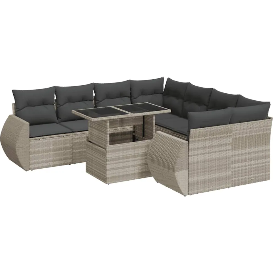 vidaXL 9-delige Loungeset met kussens poly rattan lichtgrijs grijs, foto 3