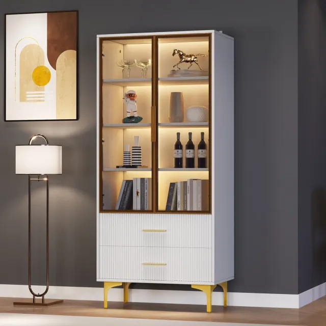 Rolipo Vitrinekast - Witte vitrinekast met glazen deuren - LED verlichting - Verstelbare planken - Woonkamer - 70x35x150 cm - Wit